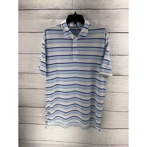 Johnnie O Polo Shirt‎ Mens Large Blue White Striped Polyester Spandex FLAW